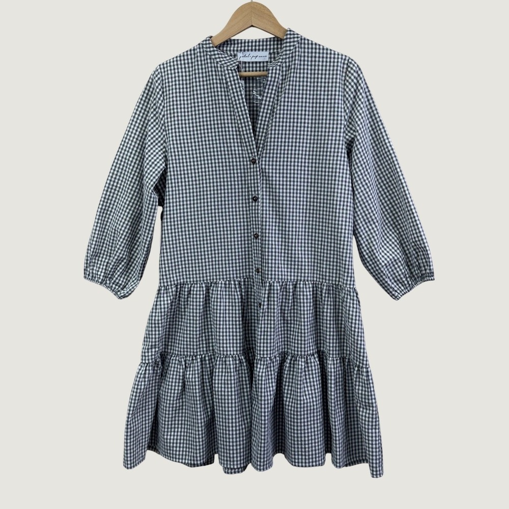 Petal and Pup Daria Dress S/M Black Gingham Tiered Mini Shirt Dress Cottagecore